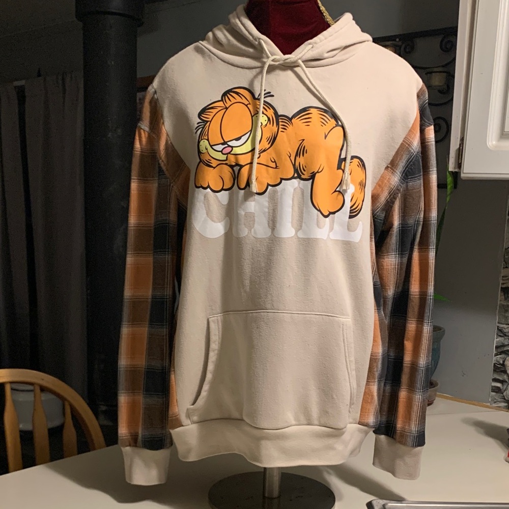 Upcycled Garfield Graphic Cream Hoodie Sweater with Plaid Sleeves.